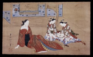 Nikuhitsu ukiyo-e: udvarhölgy és két kísérő, c. 1735 (tinta, szín és gofun papíron)